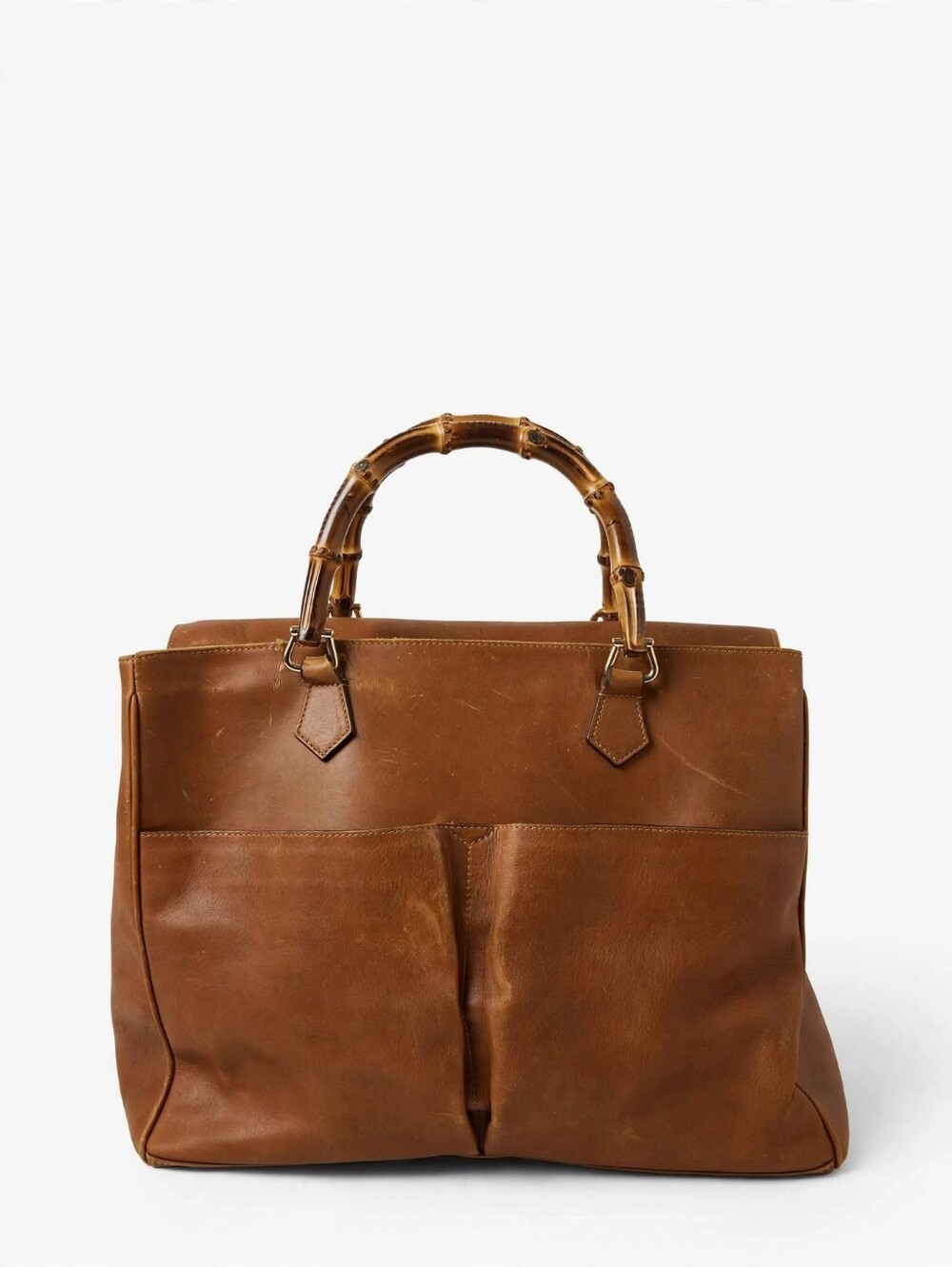 Gucci Vintage Brown Leather Bamboo-Handle Tote 2 Front Pockets Authentic Bag